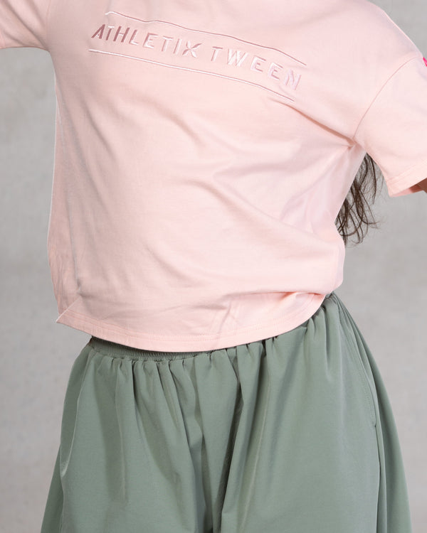 pink tshirt grey lower