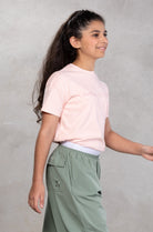 pink tshirt grey lower