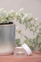 Small jar with a white lid on a pink surface with green leaves in the background